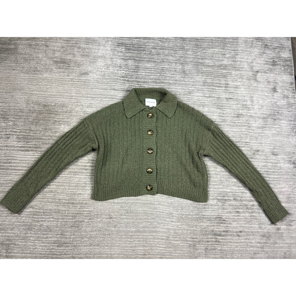 Pink Rose Cardigan Womens Med Green Cropped Button Front Collared Textured Knit‎